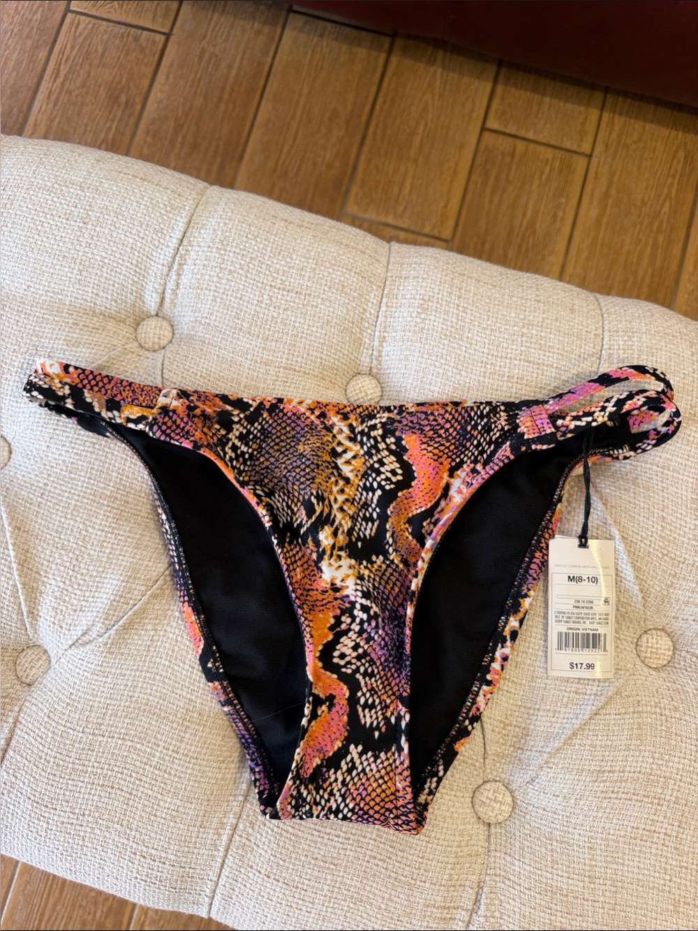 Shade & Shore Black Snake-Print Bikini Bottom with Pink & Orange Accents Med NWT